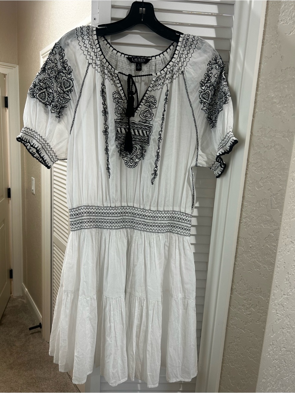 Ralph Lauren White Mini Dress with Black Embroidery
